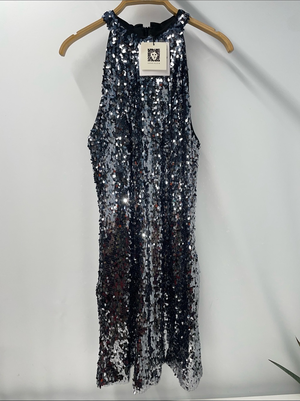 ANNE KLEIN GUNMETAL SEQUINED T BODY MINI SHIFT DRESS FTL-09-143